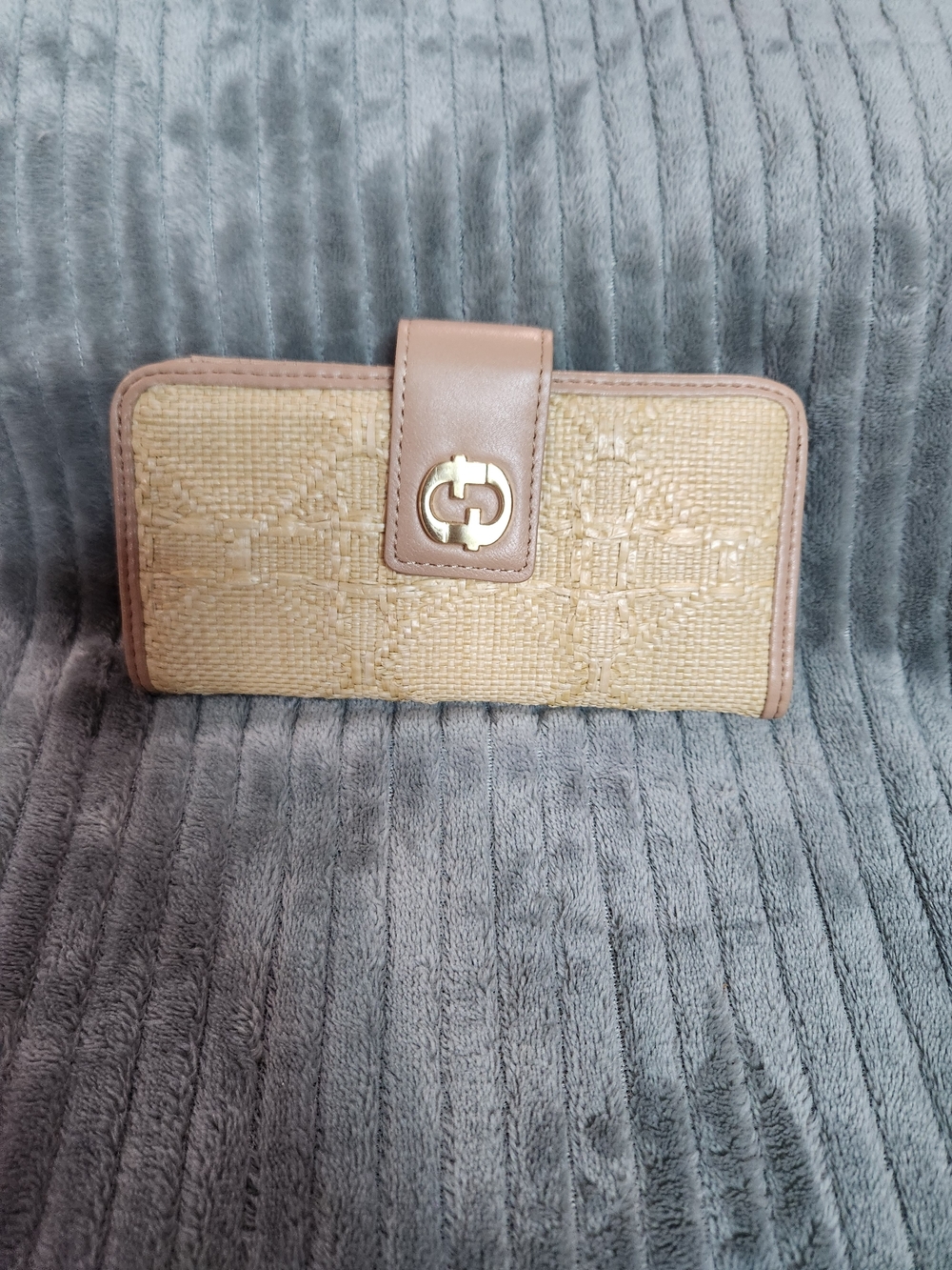 Woven Straw Wallet with Taupe Leather Trim